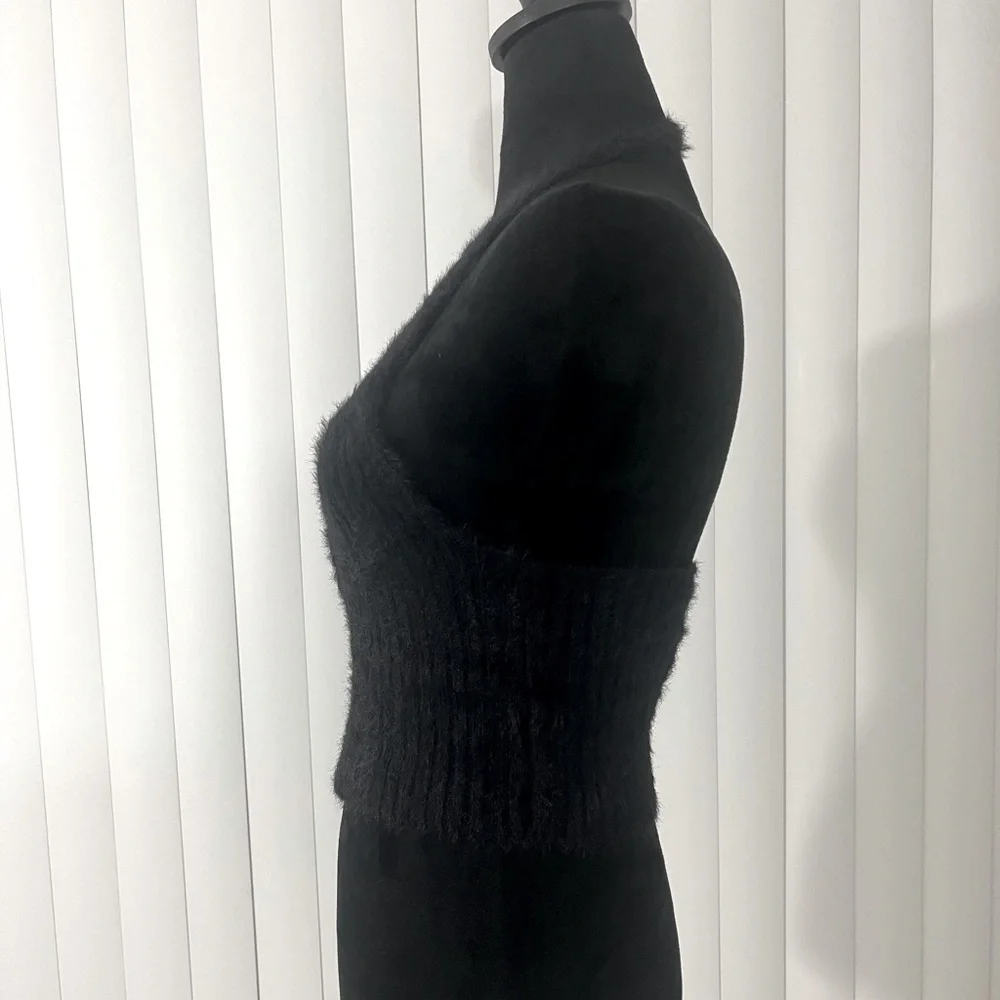 THE RAGGED PRIEST Bug Fuzzy Eyelash Ribbed Knit Halter Crop Top Zip Up Black S - Picture 6 of 12